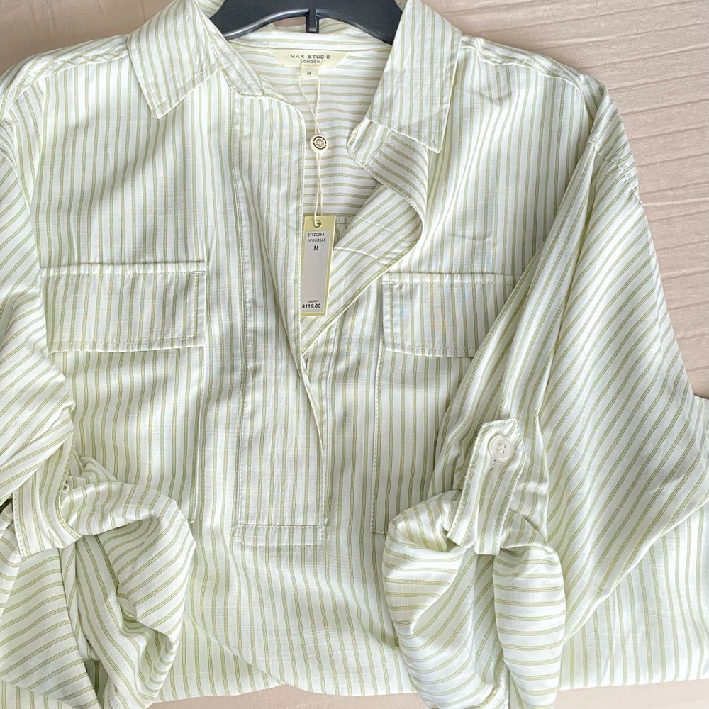 NWT Women’s Light Green Stripe Button-up blouse Size M
